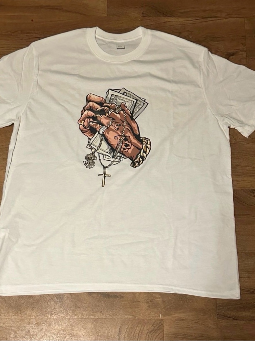 Men's White Graphic Crewneck Tee with Money & Cross Artwork